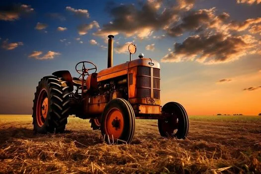 Classic tractor in a field at sunset